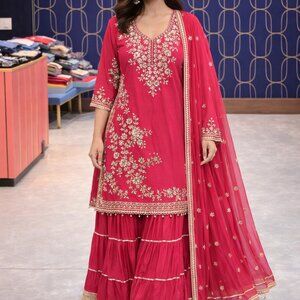 Red Elegant Ethnic Sharara Outfit, BRAND NEW Party Wear, Indian size 44 ( US-XL)